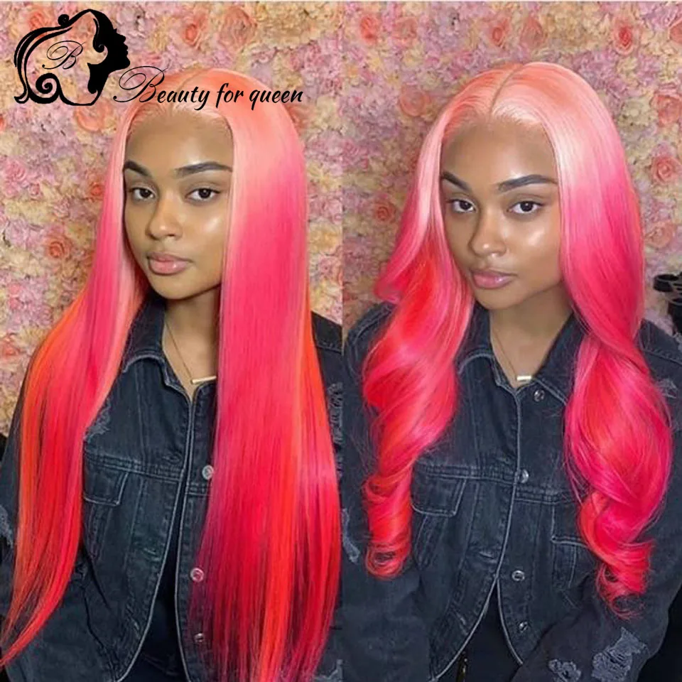 Wear And Go Cheap Invisible Lace Melting Red Pink Blue Brown Colored Long Straight Human Hair Wig Lace Front Glueless For Women