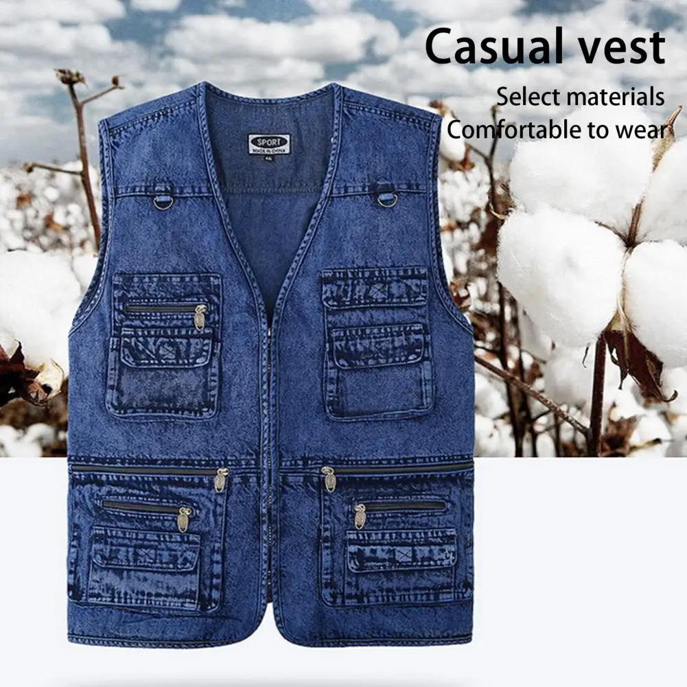 2021 Big Size V-Neck Classic Multi Denim Work Vest Mens Solid Casual Waistcoat with Many Pockets Fishing Vest Sleeveless Jacket