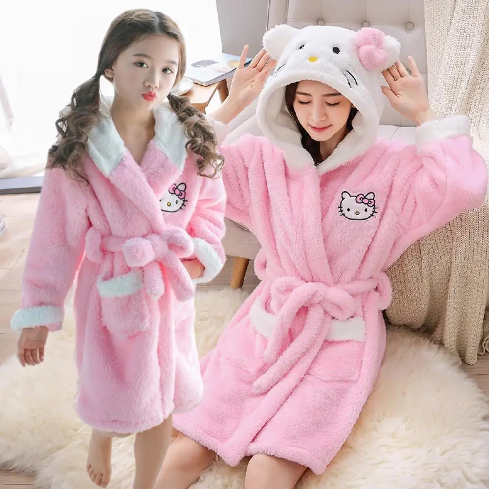 Sanrios Kawaii Hello Kitty Pajamas Coral Velvet Children Girls Women Bathrobe Cartoon Anime Sleeping Robe Kids Hooded Loungewear