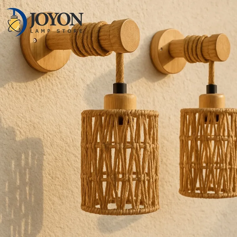 

Boho Woven Rattan Wall Lamp Hemp Rope Design Wall Sconce Lampshade for Bedroom Living Room