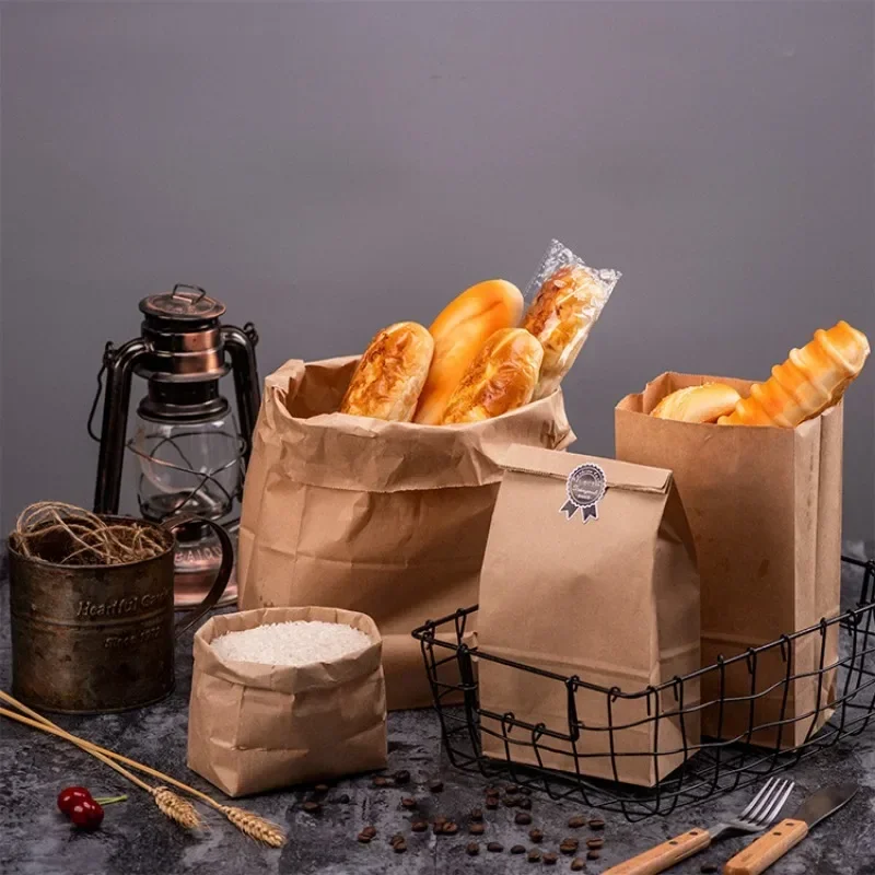 10/25pcs Brown Kraft Paper Bag Square Bottom Biscuit Candy Food Cookie Bread Snacks Grocery Packaging Bucket Gift Takeaway Bag