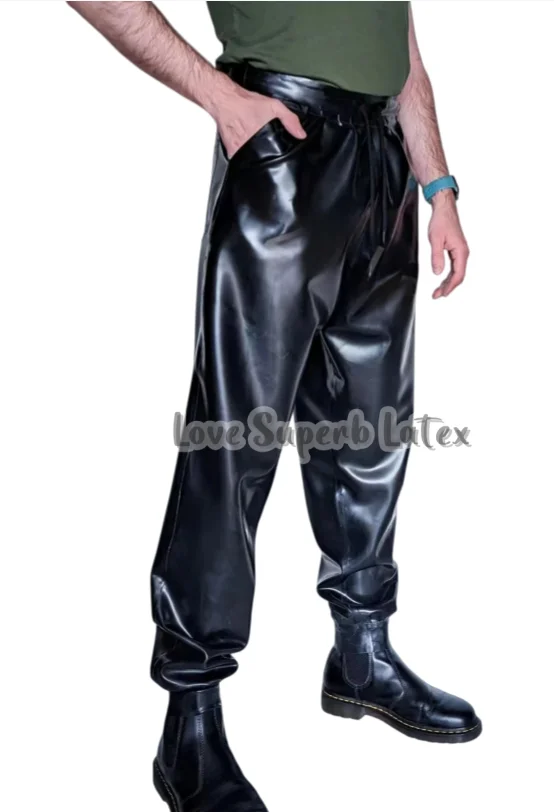 

Natural Men's Latex Cargo Pants High Waist Elastic Bands Gothic Trousers Latex Loose Leisure Pants Casual Wear Halloween Outfit