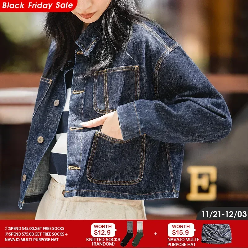 Maden Autumn Denim Jacket for Women Vintage Dark Blue Jeans Coat Washed Multi-Pocket Turn Down Collar Jacket Loose Streetwear