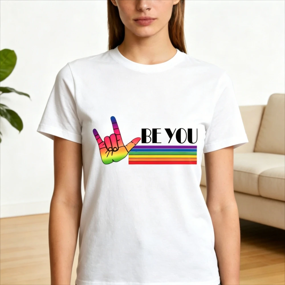 Be You Rainbow ASL I Love You Hand Graphic TShirt Women Men Unisex Cotton Short Sleeve Self Love Casual Daily Life Outfit