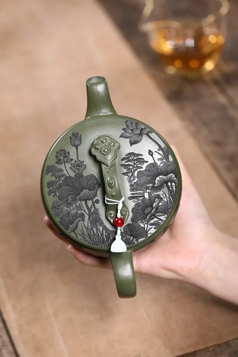 Handcrafted Yixing Zisha Teapot Made From Raw Green Clay, Featuring A Lotus Design Symbolizing Prosperity
