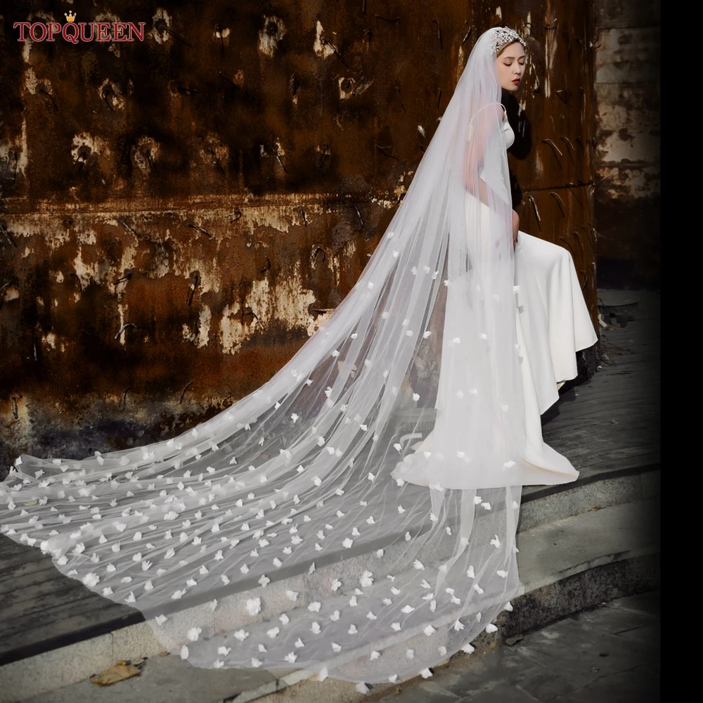 TOPQUEEN Elegant Bridal Veil 3d Floral Long Veil White Off White 3-Meter Beautiful Cathedral Veil Wedding Accessories V20