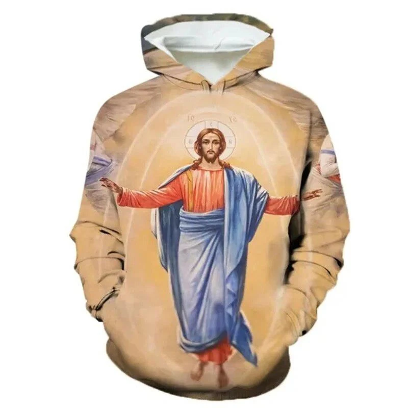 Christian Jesus 3D Printed Hoodie For Men Women Fashion Personality Christian Hooded Unisex Fun Virgin Mary Print Pullover Tops