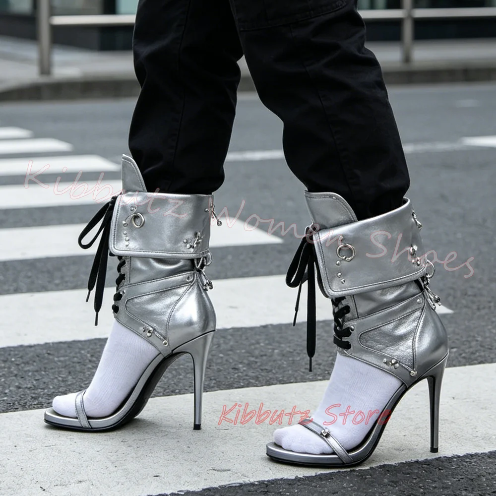 Women Gladiator Sandals Studded Lace Up Open Toe Stiletto Heel High Summer Party Shoes Fashion Footwear Solid Color Elegant New