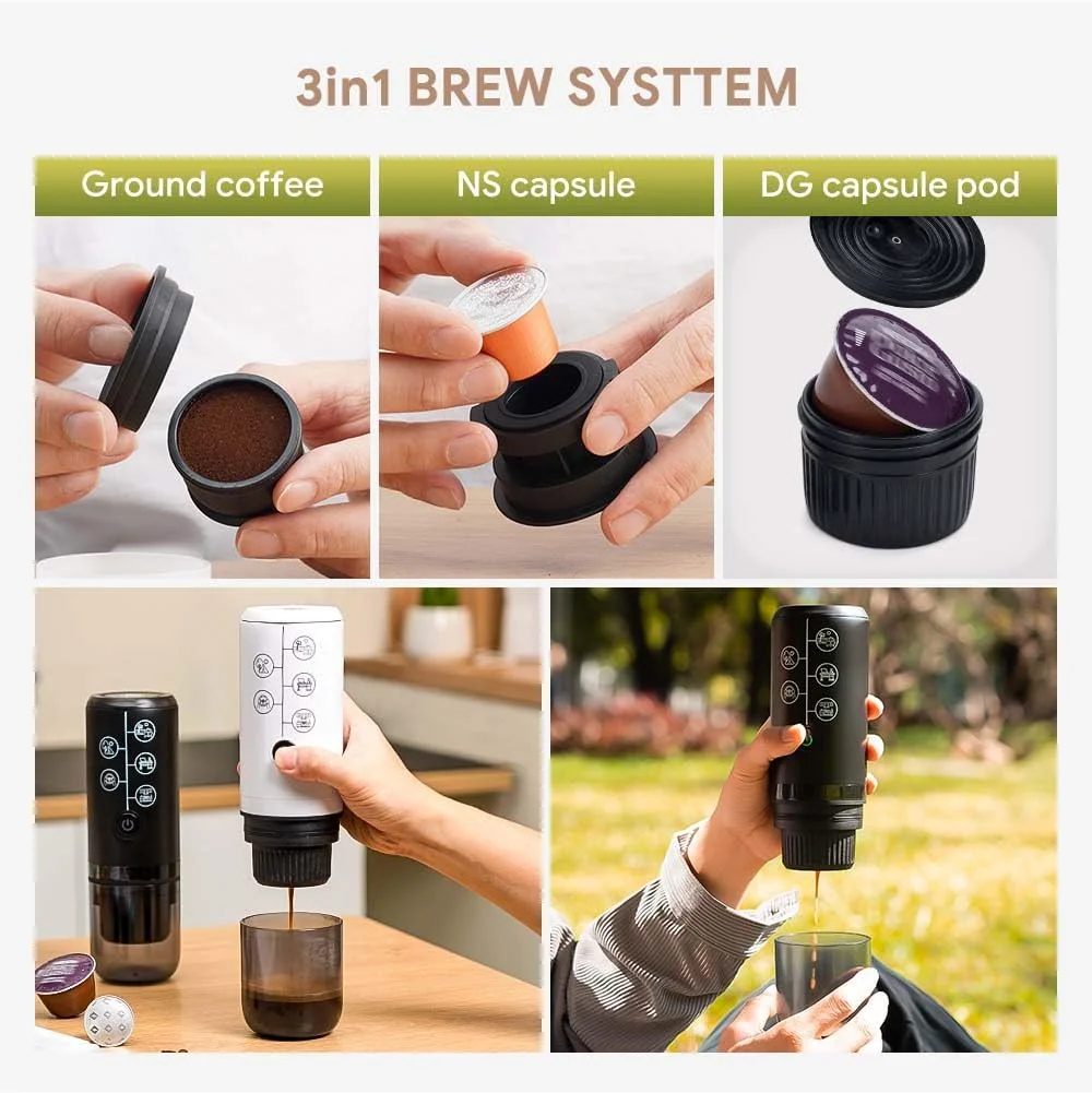 3in1 Portable Coffee Machine Wireless Rechargeable Espresso Maker Compact Mini Coffee Brewer For Car Travel Camping Daily Use