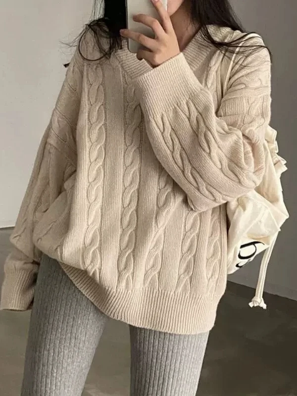

Стильный свободный осенне-зимний свитер для женщин, вязаный, с V-образным вырезом, однотонный, простой дизайн, с длинными рукавами, повседневный модный топ для дам