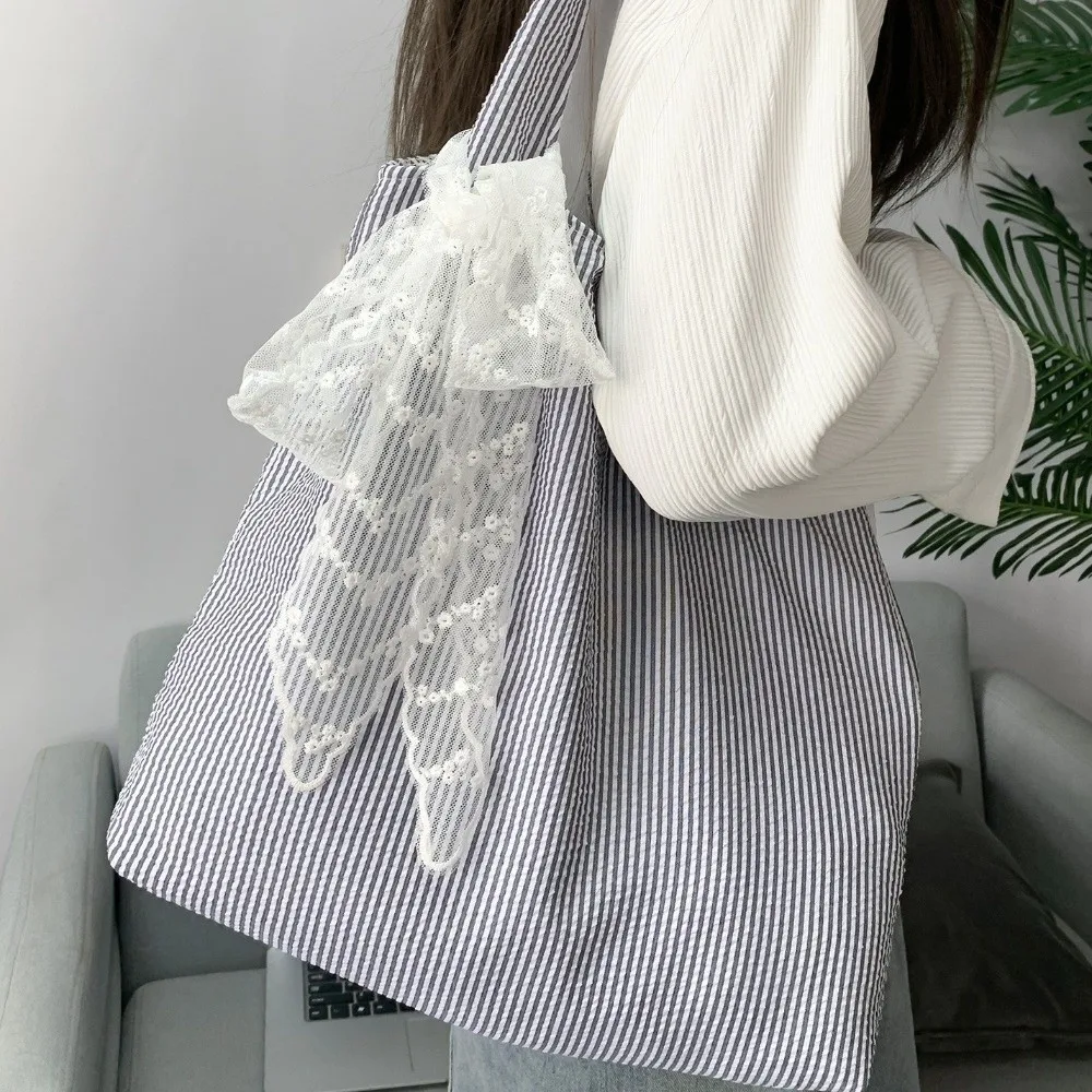 

Canvas Striped Shoulder Bag With Lace Ribbon Korean Style Canvas Hobo Bag Literary Style Tote Bag Large Capacity Underarm Bag