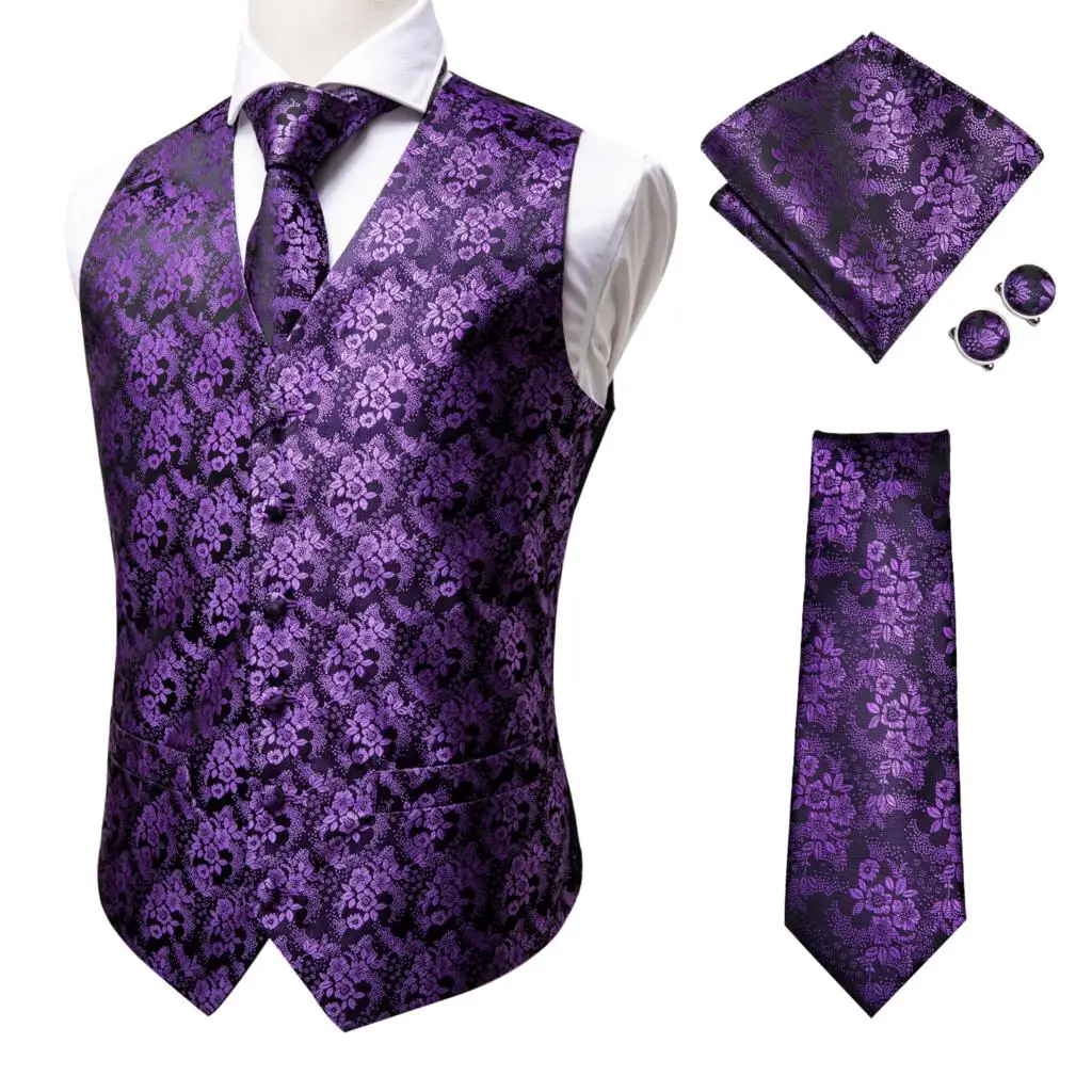 

Hi-Tie Men's Vest Luxury Classic Purple Jacquard Silk Waistcoat Handkerchief Cufflinks Set Vest Suit Set For Men Party Wedding