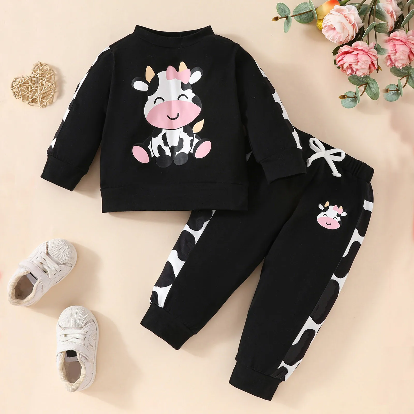 Toddler Girls Sweatsuits Autumn Winter Long Sleeve Sweatshirts Tops Cartoon Dairy Cow Print Pants Outfits Outfits for Girls 1-6Y