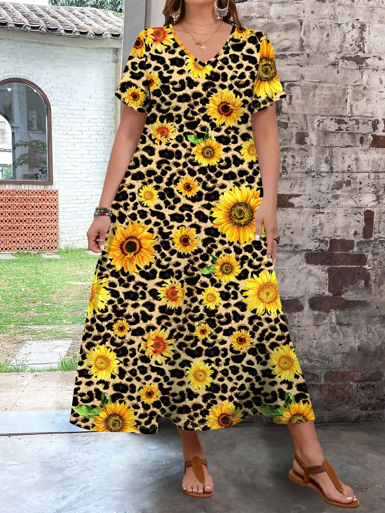 

Женское повседневное макси-платье с V-образным вырезом, короткими рукавами и принтом леопарда и подсолнухов для летнего пляжного отдыха