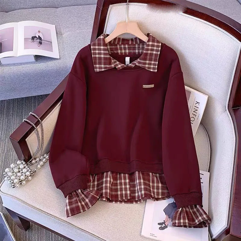 

Fashion Lapel Spliced Plaid Fake Two Pieces Blouses Female Clothing 2025 Autumn New Loose Preppy Style Tops Casual Shirts