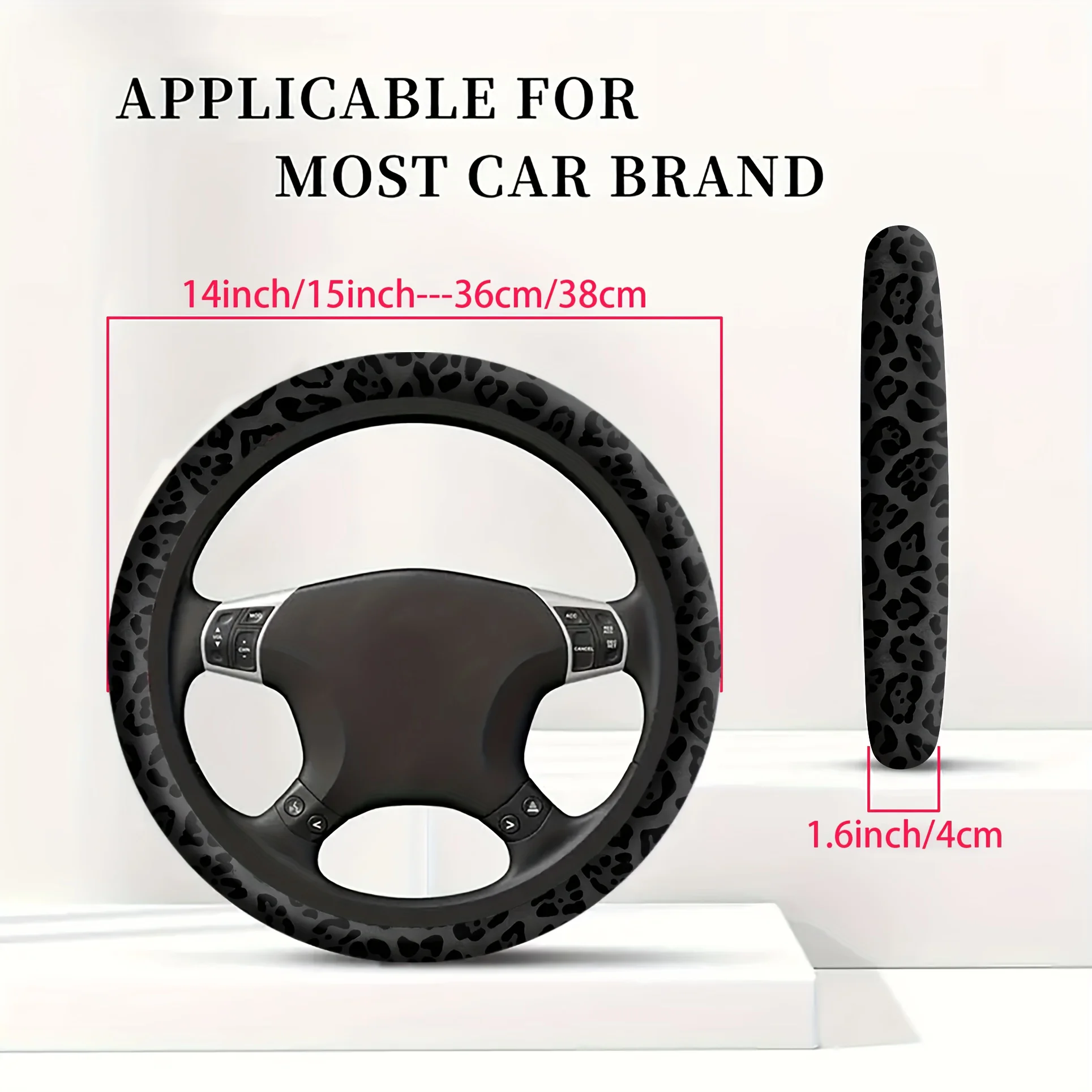 One Black Leopard Print Steering Wheel Cover, Suitable For Men And Women, Universal Non-Slip Stretchable Car Interior Accessory