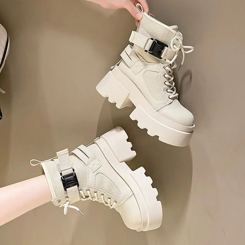 Women\'s High Platform Motorcycles Boots Autumn Spring 7.5CM Heels Ankle Boots Female Chunky Sneakers Winter Leather Shoes Woman