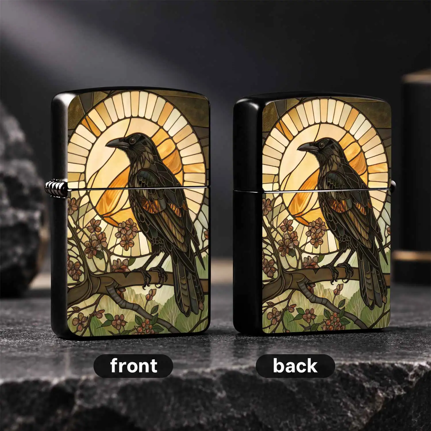Vintage Stained Glass CROW Themed , Artistic Print Windproof PORTABLE, Durable Sturdy Body, Ideal for Daily Use, Collectibles, Gifting to Friends Family, Artistic Atmospheric Desktop EDC Decor for  A fun and humorous lighter