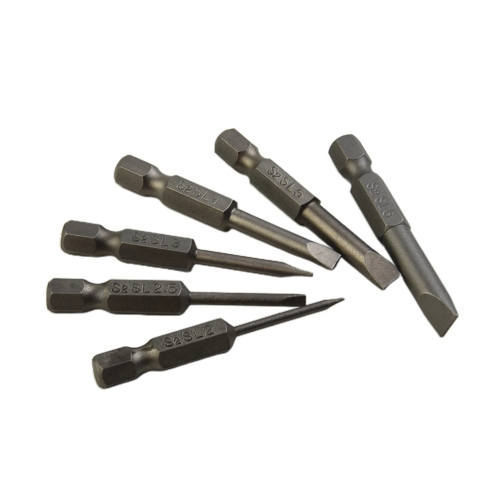 Mata obeng ujung berlubang, mata obeng kepala datar lubang 1/4in Hex Shank 2.0-6.0mm 50mm 6 buah/set