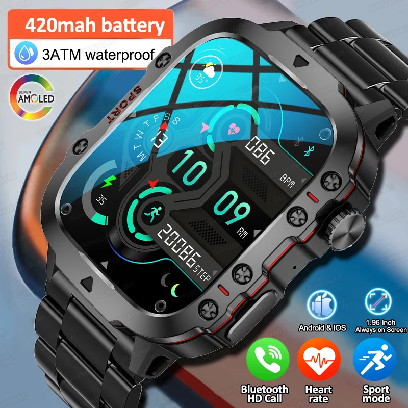 Smart Watch Men Rugged Durable 1.96 '' HD Display Bluetooth Call 420mah Blood Pressure 3ATM Sport Smart Watch For Huawei Xiaomi