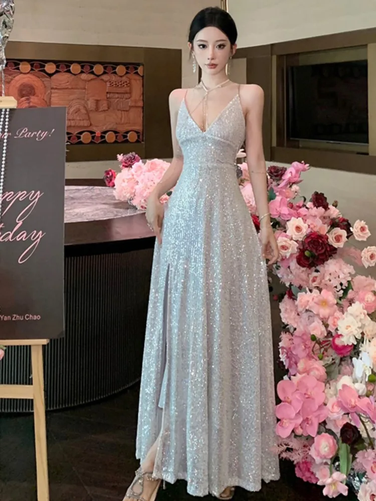 Elegant Sequin Backless V-neck Split Dress Women Autumn Sexy Slim Evening Gown A-line Bandage Fashion Birthday Party Luxury Robe