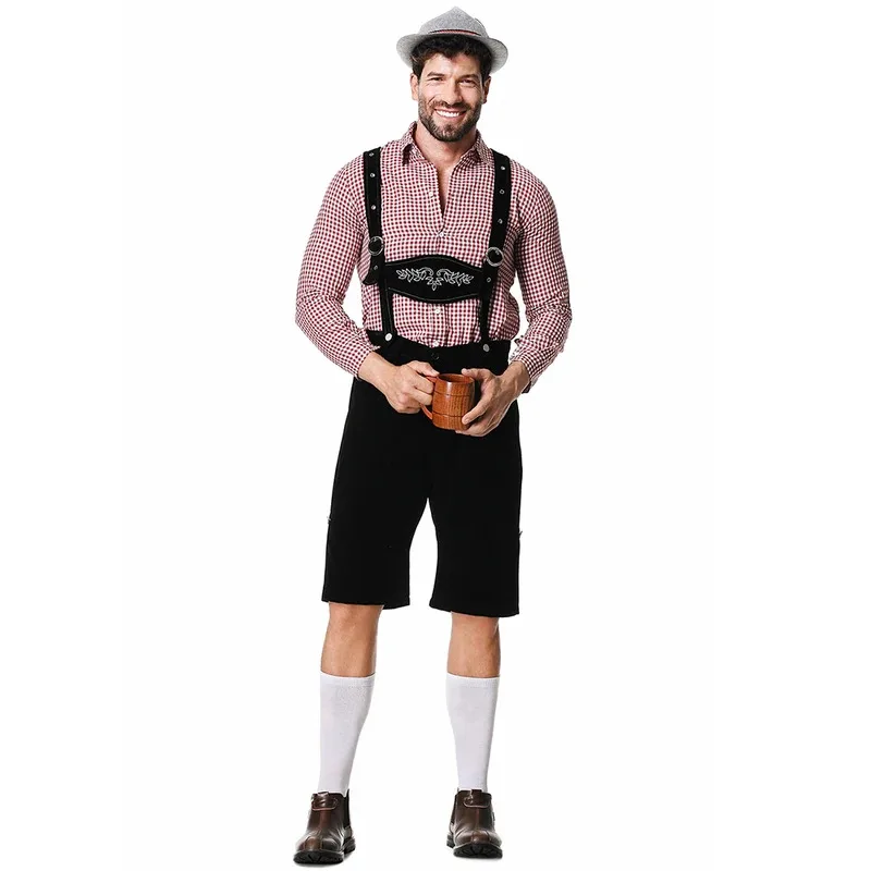 Set da tre pezzi Oktoberfest Lederhosen Costume per uomo Festival della birra tedesca bavarese Bretelle Camicia Cappello Cosplay Abiti da birra