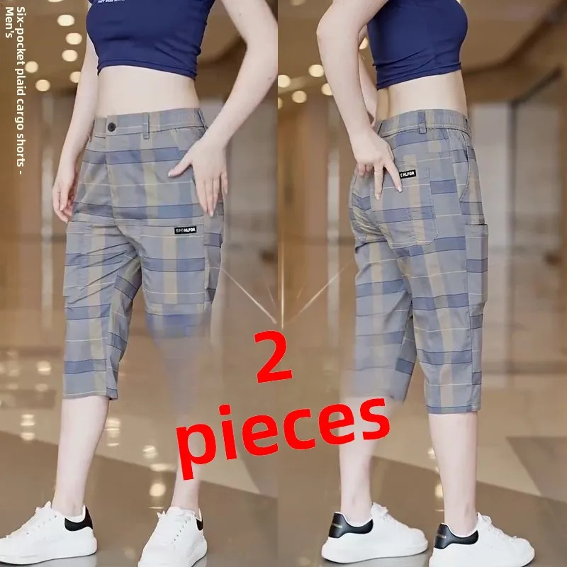 

Summer New Plaid Seven-Foot Pants Men's Faion Personali Mid-High Waist Loose Breathable Ice Silk Casual Six ket orts