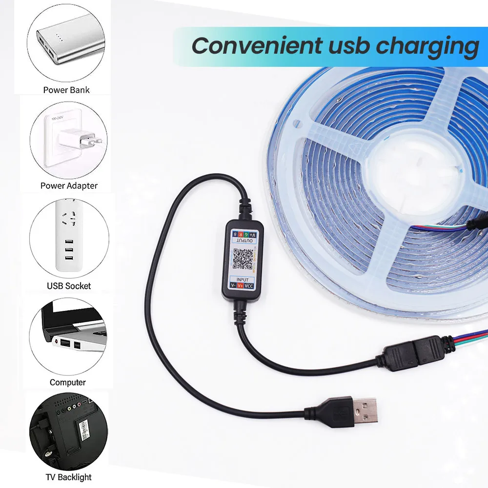 Bande lumineuse LED COB RVB USB 5V, compatible Bluetooth, Wi-Fi, 24 touches, kit de télécommande 44 touches, lumières linéaires 576 LED, lampe à