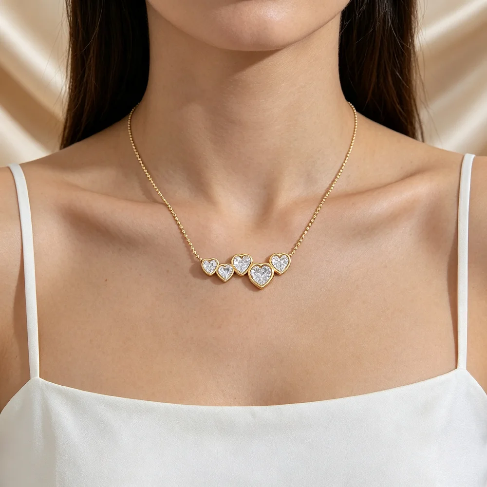 1pc AENSOA Woman Stainless Steel Waterproof Necklace Dainty Heart Zircon Splicing Pendant Neck Chain Party Classic Jewelry Gift