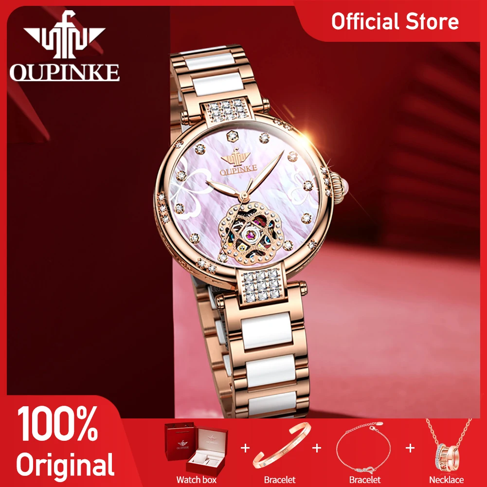

OUPINKE 3183 Ladies Watch Original Luxury Elegant Skeleton Mechanical Watch 50M Waterproof Day Date Watch For Women Ceramic
