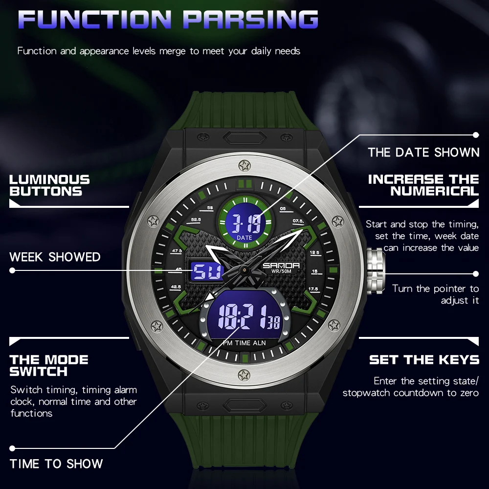 SANDA Fashion Sports Men Digital Watch Dual Time Pedometer Alarm Clock Waterproof Wristwatch Week Display Calendar Male Clock