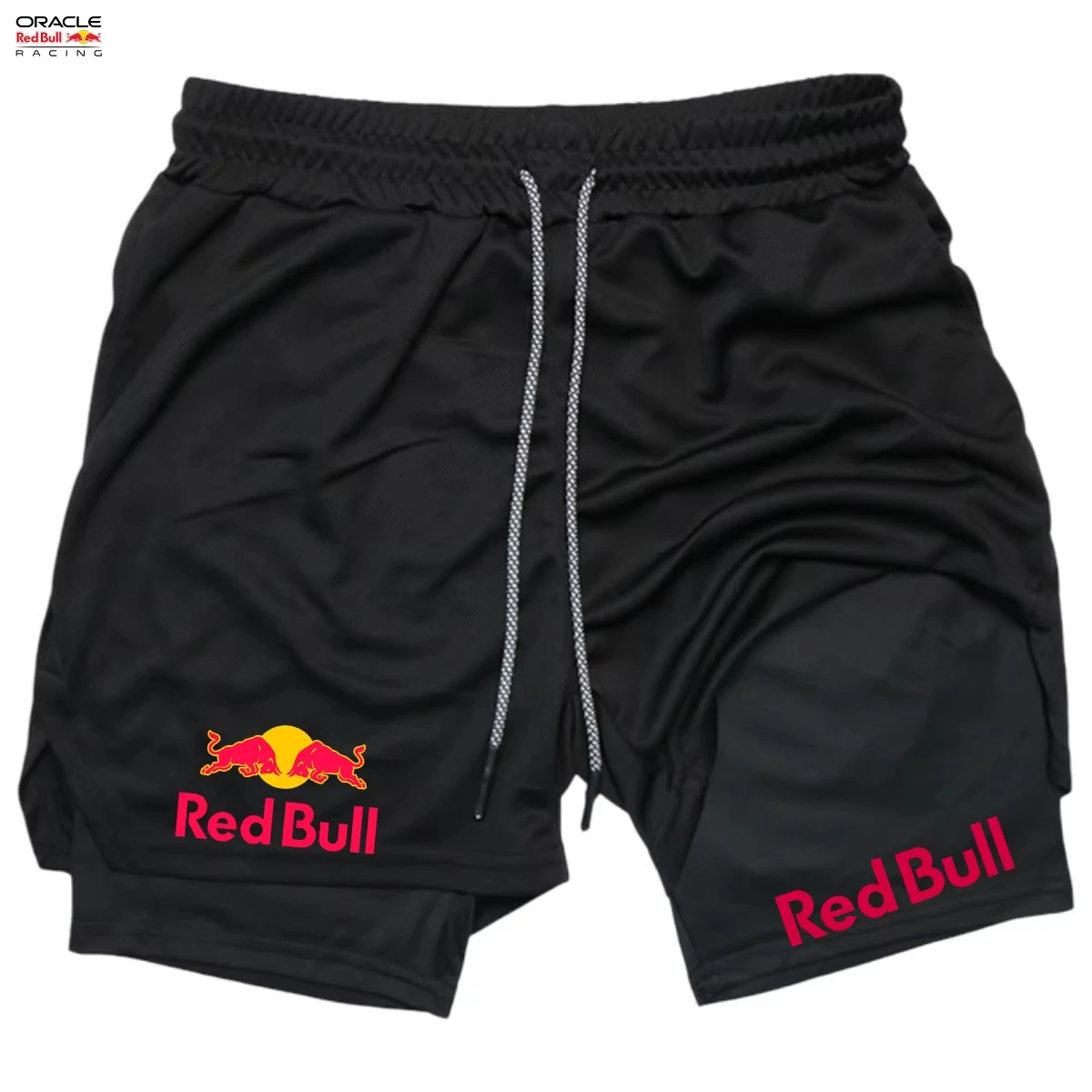 Red Bull LOGO Men's 2-in-1 Double Layer Running Shorts Breathable Gym Sportswear for All Seasons