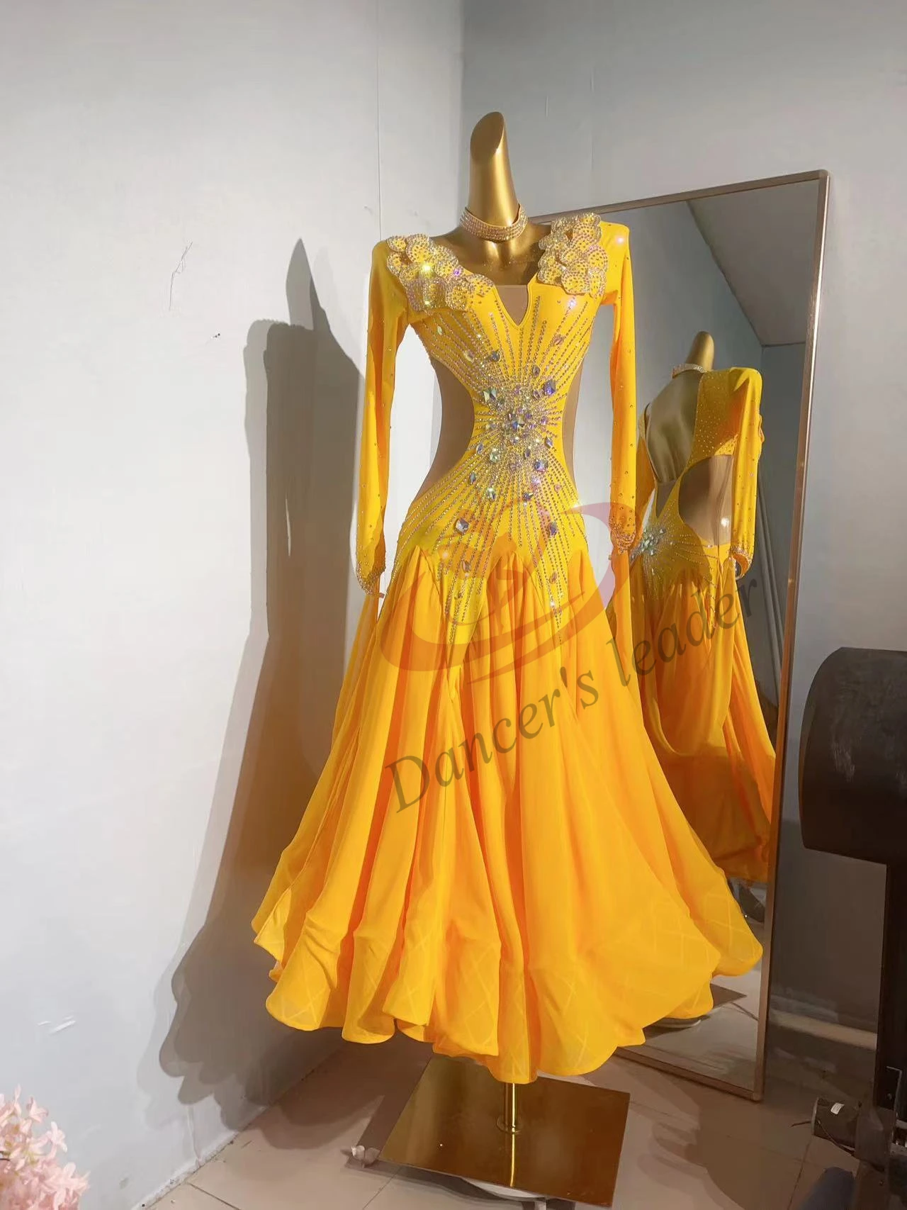 Ballroom dress high-end customized yellow large hem with diamond cha cha  tango waltz adult stage professional clothing - AliExpress 200000532