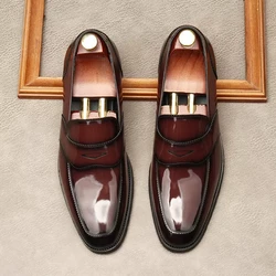 HKDQ Slip On Dress Men Shoe Genuine Leather Wedding Brand Loafers Men Round Head Formal Fashion Black Wine Red Oxford Shoe