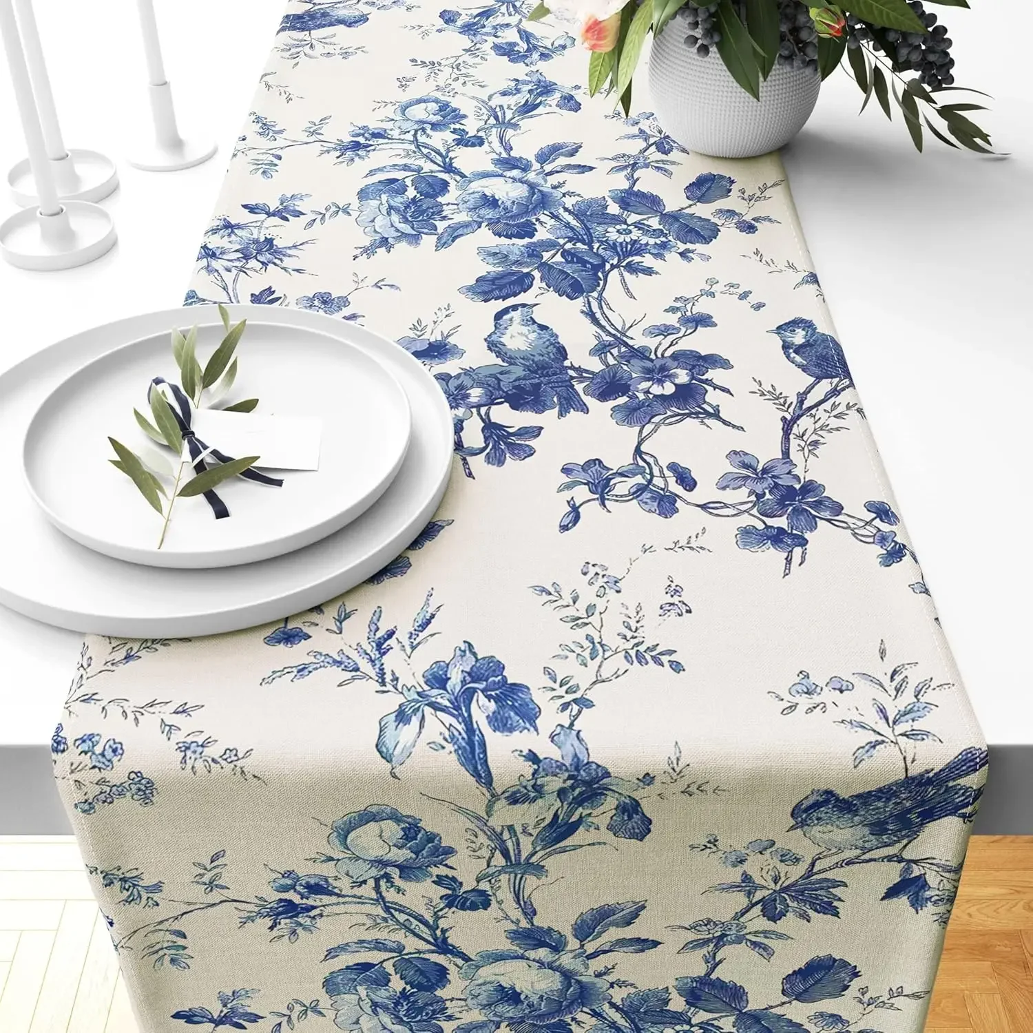 Spring Monochrome Sketch Flower Birds Linen Table Runner Party Decor Reusable Farmhouse Kitchen Dining Table Runner Home Decor