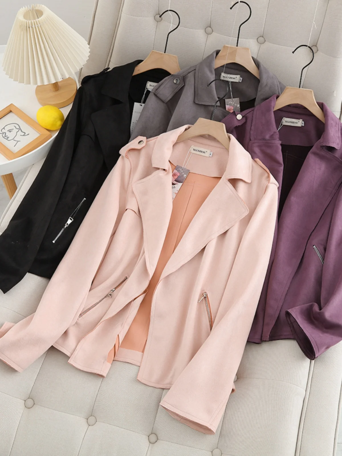 plus Size Women's Spring New Deer Skin Velvet Jacket Loose Long Sleeve Lapel Motorcycle Style Top Polyester Fiber Commute Style