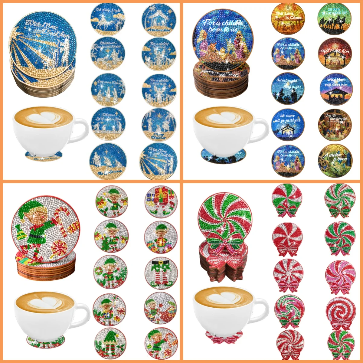 

10PC DIY Diamond Painting Christmas-themed wooden anti-slip coasters with crystal diamonds, suitable for office parties