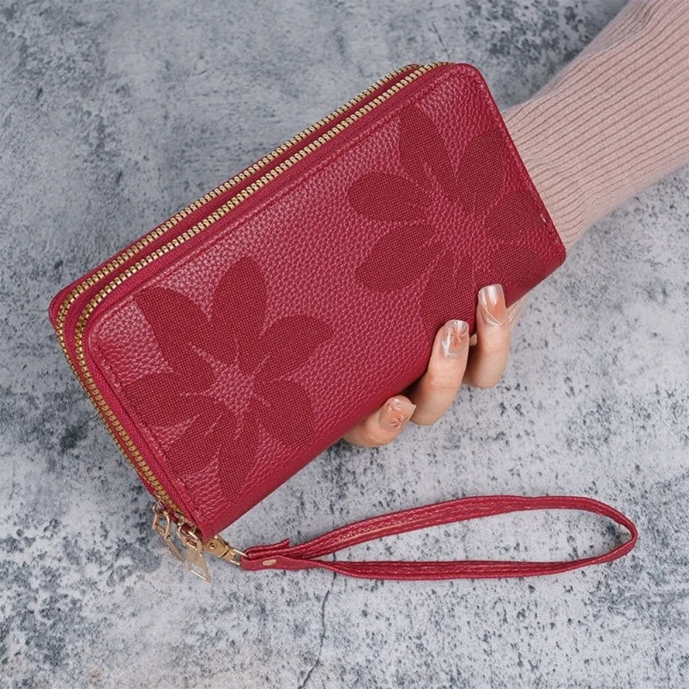 Double Zipper Ladies Long Wallet PU Leather Multi-layer Handle Bags Floral Embossed Large Capacity Zero Wallet