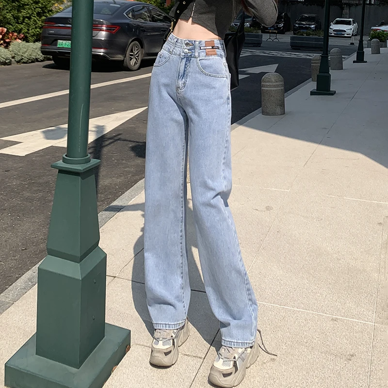 Retro até o chão perna reta duplo breasted jeans para mulher 2025 outono nova cintura alta emagrecimento solto calças de perna larga para wom