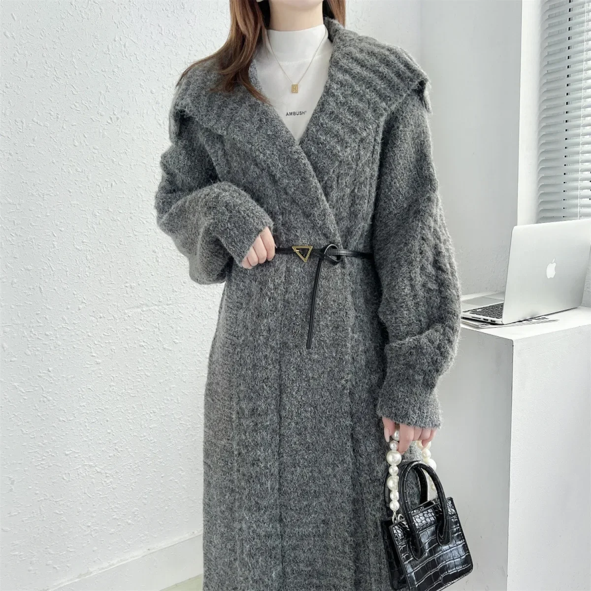 Winter Mohair Knitted Long Trench Women Fashionable Big Turn-down Neck Loose Cardigan Poncho Coat Thick Warm Streetwear Cloak