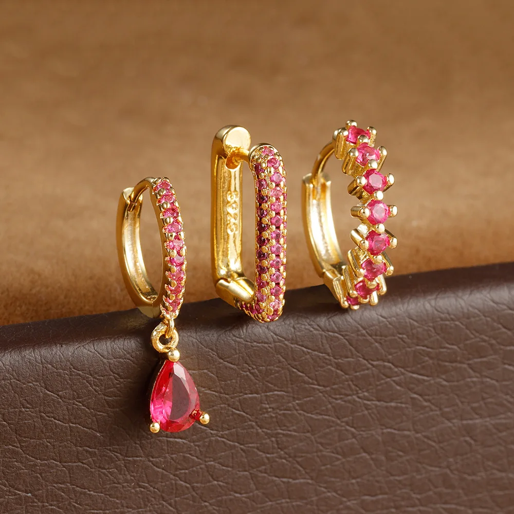 3PCS Exquisite Geometry U-shaped Earrings Set for Women Vintage Gold Color Elegant Zircon Hoop Earrings Winter Jewelry Gifts