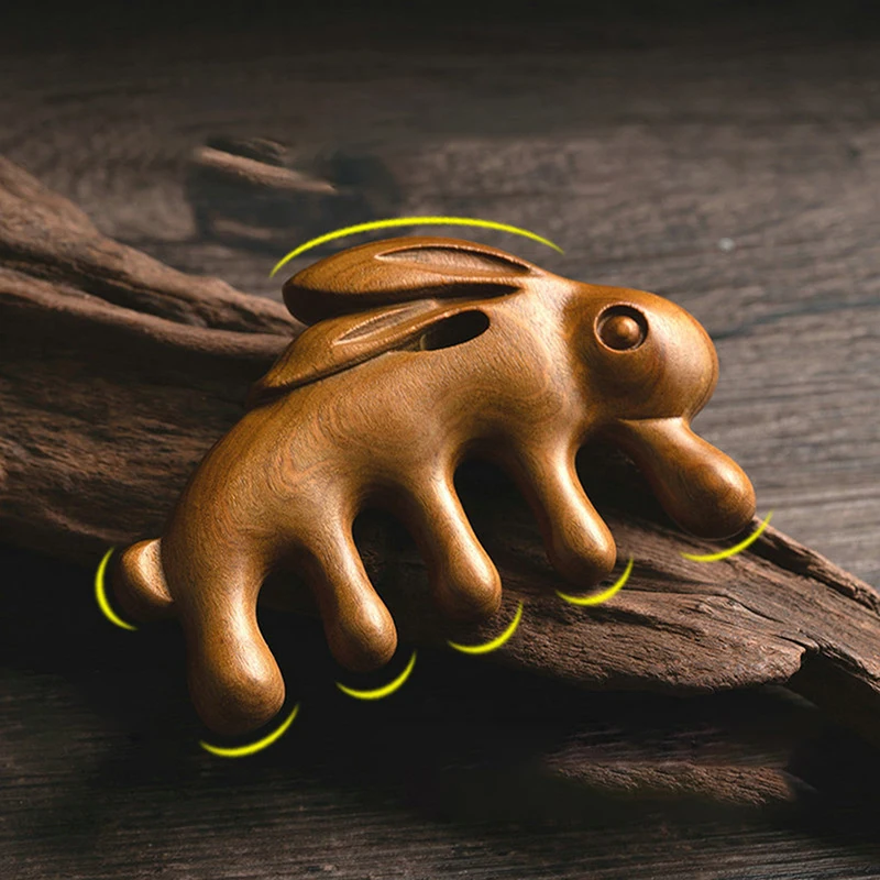 Wooden Massager Green Sandalwood Rabbit Massage Comb Head Meridian Gua Sha Scalp Relaxation Acupuncture Therapy Wide Teeth Comb