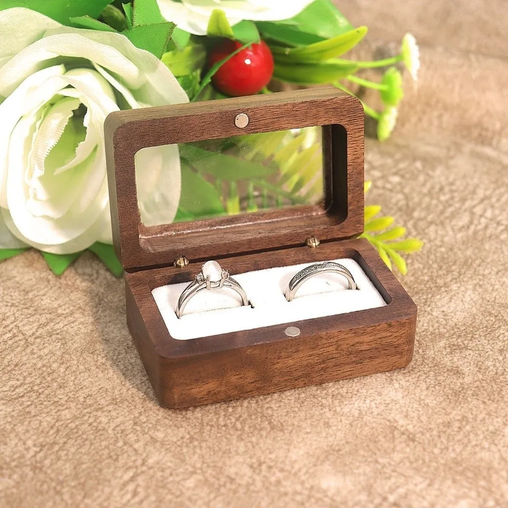 Double Slot Wooden Ring Box Rectangular Opening Window Black Walnut Cufflinks Box Dustproof Exquisite Jewelry Ring Holder
