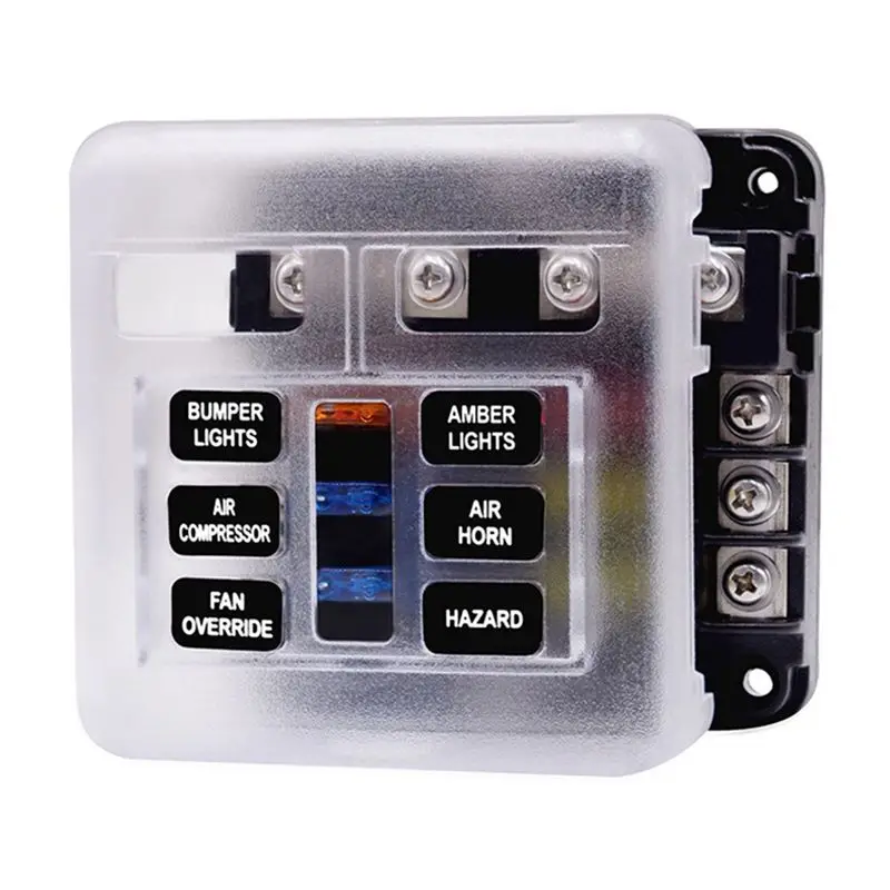 AEE3-12V Fuse Block Waterproof Boat Fuse Panel With LED Warning Indicator Proof Cover-6 Circuits With Negative Bus Fuse Box