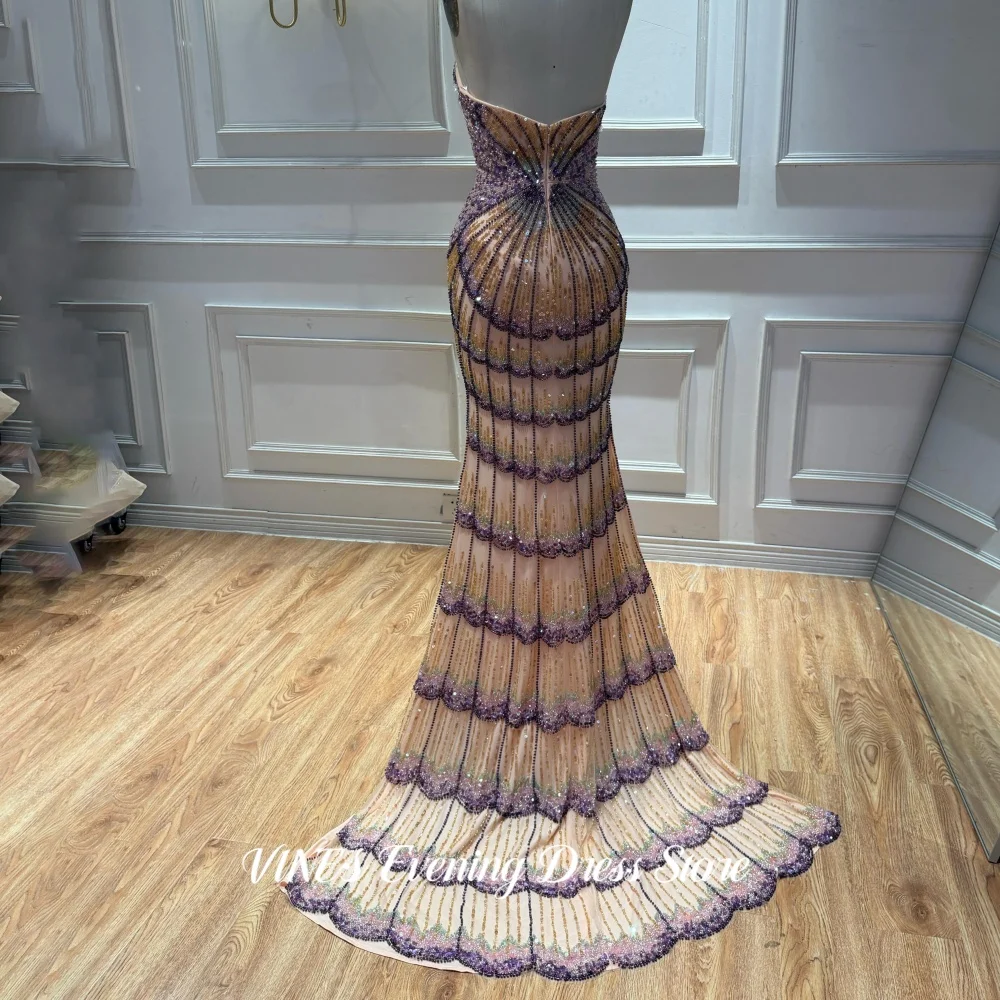 VINES Stunning Nude Strapless Evening Dress Beaded Sequin Scalloped Mermaid Prom Gown Long Train Maxi Party Dresses Customized