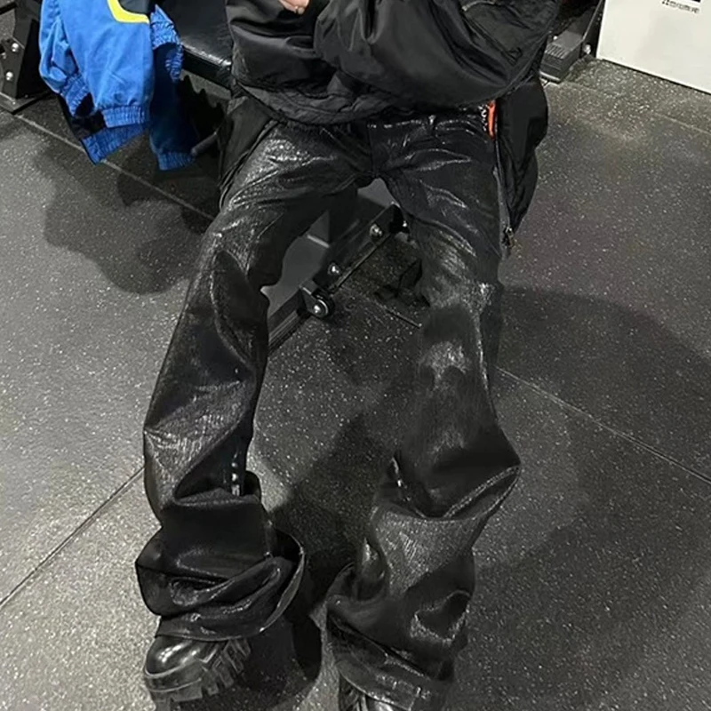 

High Street Men's Pants Denim Ribbon Design Jeans Apply Wax Coating Cargo Pants for Man Full Length Men's Clothing