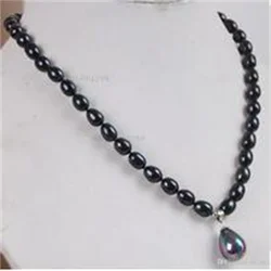 7-8MM Black Akoya Cultured Pearl/ Shell Pearl Pendant(12x16MM) Necklace 18