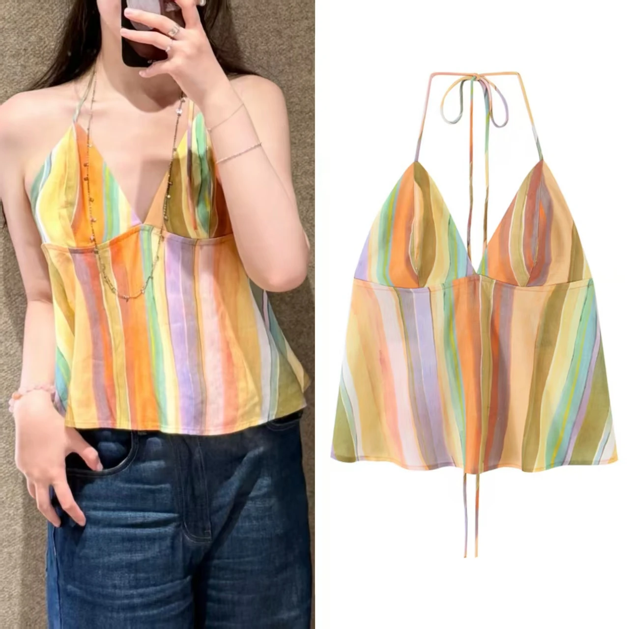 Guobioziy Women's Top 2026 Summer New Colorful Striped Halter Neck Sleeveless Sexy Top Beach Vacation Lively and Cute