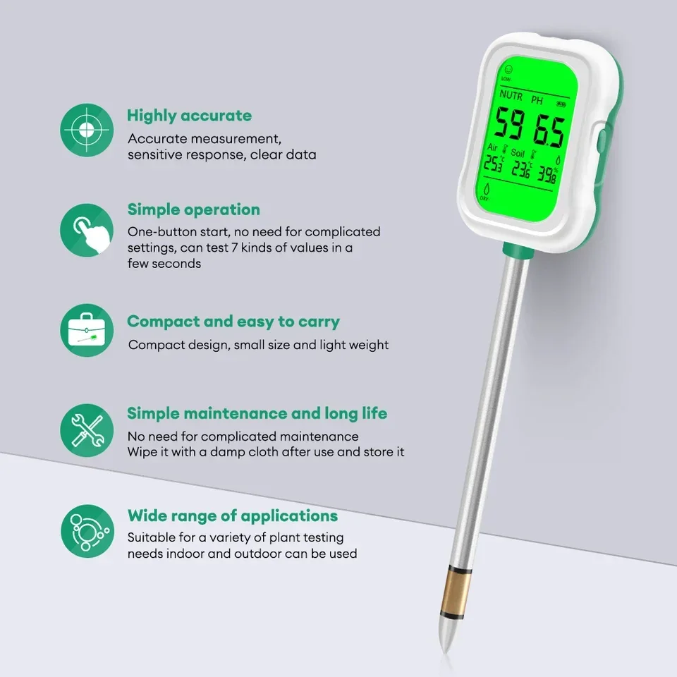 

2026 HEDAO 7-in-1 Digital Soil pH Meter Sunlight Fertility Air Temp Moisture Tester Backlit Display Garden Planting OEM ABS Mate