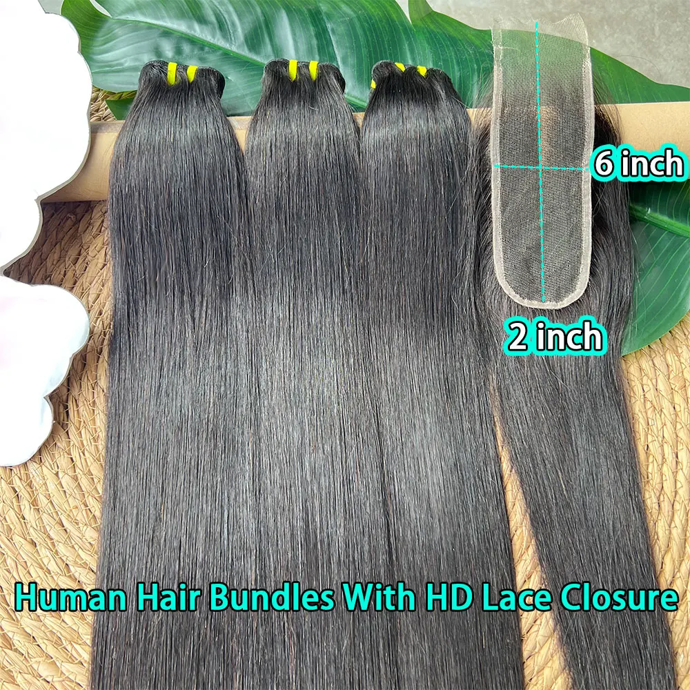 Bone Straight Human Hair Bundles with 2x6 Deep Middle Part HD Lace Closure 15A Raw Virgin Hair Bundles with Closures